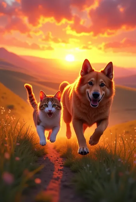 Create an image of the cat and full grown dog running in the sunset