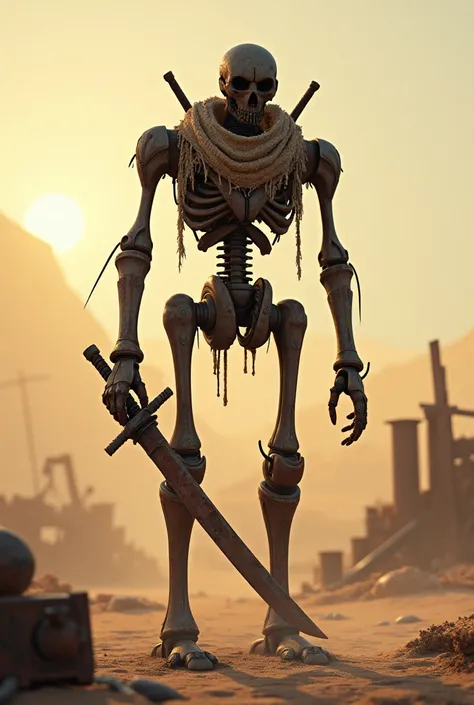 Kenshi rusty robot standing in dusty desert at the sunrise, holding a rusty katana, it wears old rags on neck behind robot can be seen a lot of rusty metal debris. Robot having three dark eyes, no mouth and skeleton like limbs