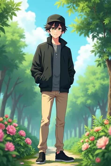 A young anime man wears a black jacket, beige pants, black shoes and a black cap. His eyes are a little tight and he smiles with a cute smile in the back of a beautiful garden