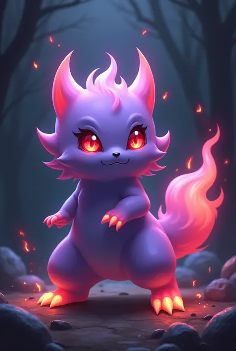 A ghost fire type cute fake Pokémon that looks like it could be a fighting type. I would also like it to stand on tow feet. The colors on it should be purple and red