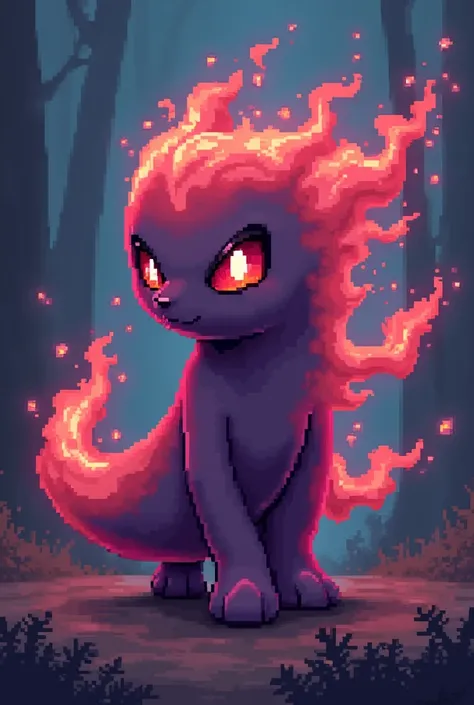 A ghost fire type cute fake Pokémon that looks like it could be a fighting type. I would also like it to stand on tow feet. The colors on it should be purple and red and pixelated 