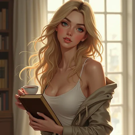 My face should be pretty, blond hair, blue-gray eyes, slim, athletic figure, 160 meters tall, holding a book and a cup of tea in her hand, and a background with a book 