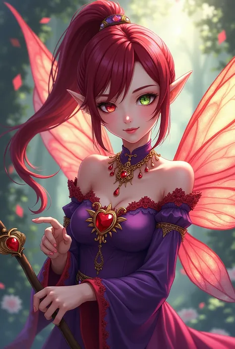  anime-style design , of a very beautiful woman ,  with elven features , pero what is un hada,  with wine-red hair ,  with her hair tied in a ponytail , with the two different colored eyes ,  one eye is emerald red and the other eye is emerald green, dress...