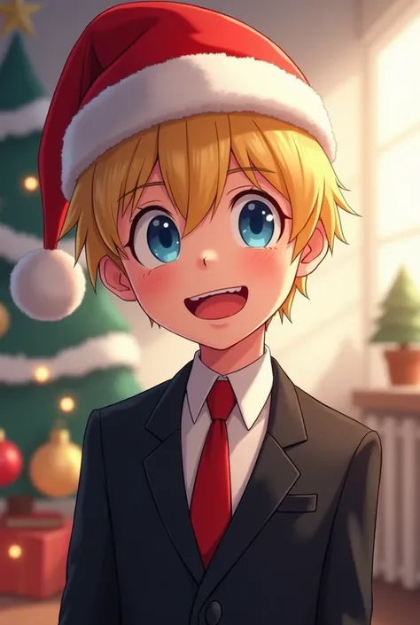  short blond hair ,  with Christmas hat, ojos azules, black suit ,  animated