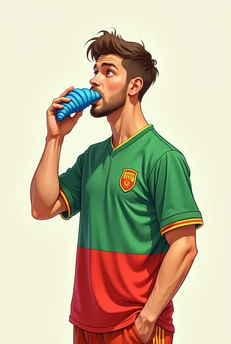 A drawing of a man dressed in a green and red jersey eating a blue croissant