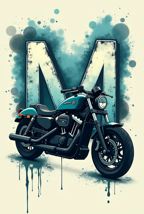 Make me an easy drawing for a   to draw with the letter M with graffiti, a motorcycle cold colors  