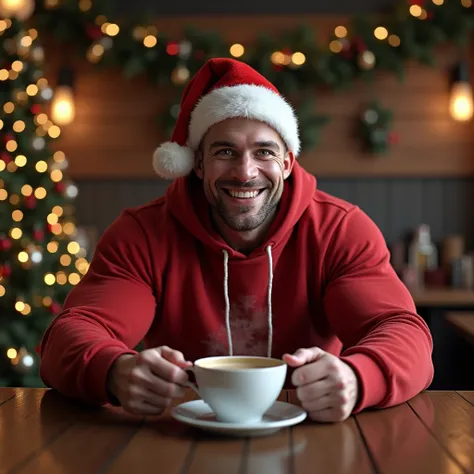 UHD, Retina, Masterpiece, Accurate, High Details, High Resolution, 4K, An ultra photorealistic image of a tall bodybuilder (he is about 6 feet 5 inches tall), half length, sitting at a table offering a white cup of coffee with hot coffee, smiling and with ...