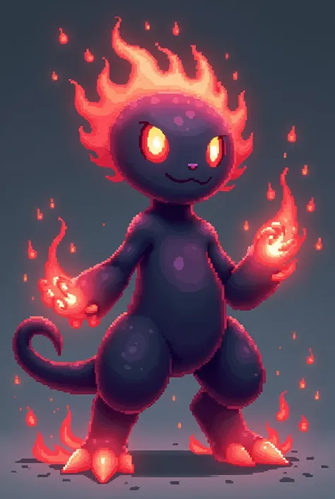 A ghost fire type cute fake Pokémon that looks like it could be a fighting type, fully evolved, and it will be known as the dead fire Pokémon. I would also like it to stand on tow feet. The colors on it should be purple and red and pixelated.