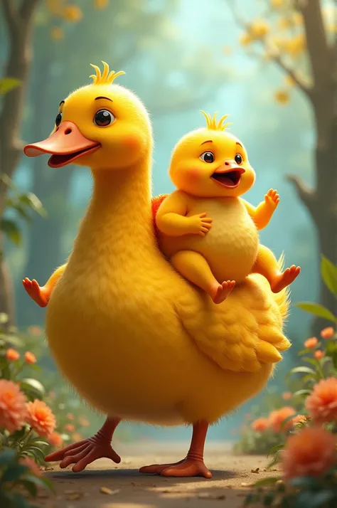 Two mangos brothers riding on a duck