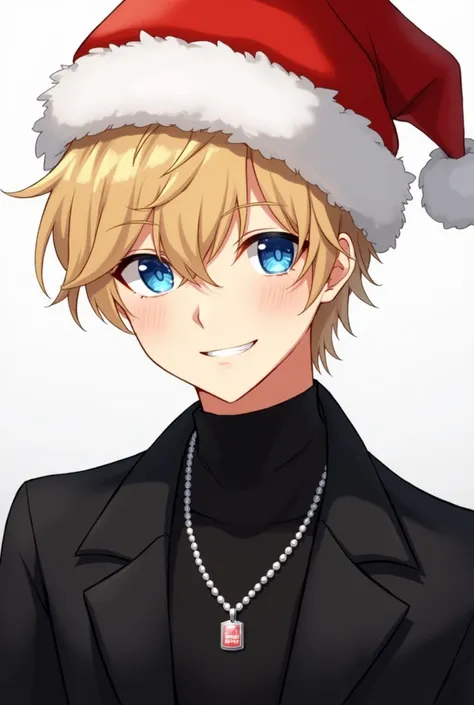 , short blond hair, ojos azules, Christmas hat , black suit ,  smile and a necklace