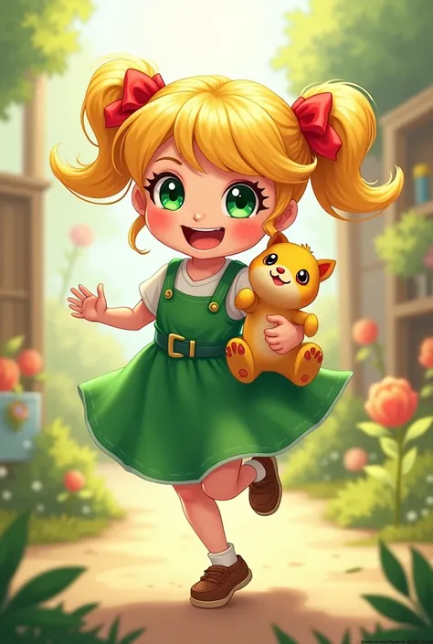  Charas hair is blonde and has two pigtails . Chara has emerald green eyes .  She usually wears a red ribbon in her hair .
 Charas green dress is her distinctive feature ,  along with a pair of comfortable shoes for running and playing.  . She often carrie...