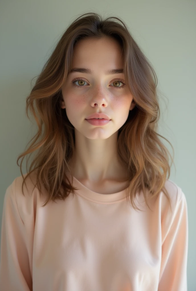  The adolescent woman has light brown hair ,  plain and medium length .  Her eyes are light brown ,  expressive and full of energy .  Her skin is fair with a touch of gold and her oval face has delicate features.  She has a medium height and a delicate bod...