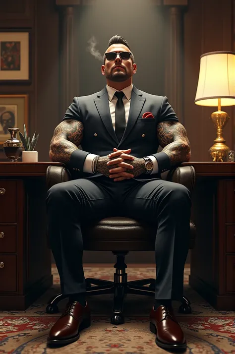 Muscluar mixed man, tattooed up, jewelry, black gucci suit, black gucci dress shoes, black gucci shades, smoking cigar, at desk, in office