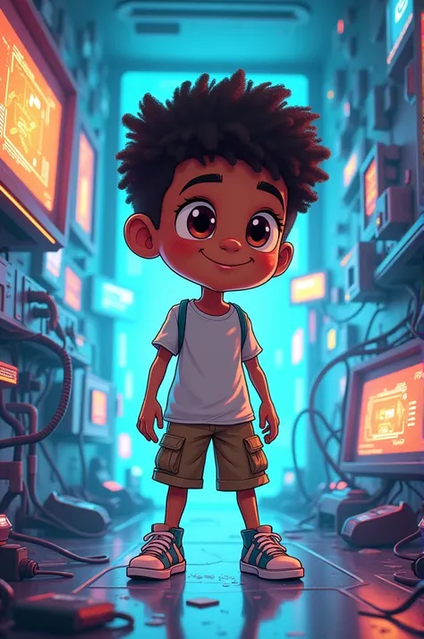 Cartoon dark skin techie boy 
