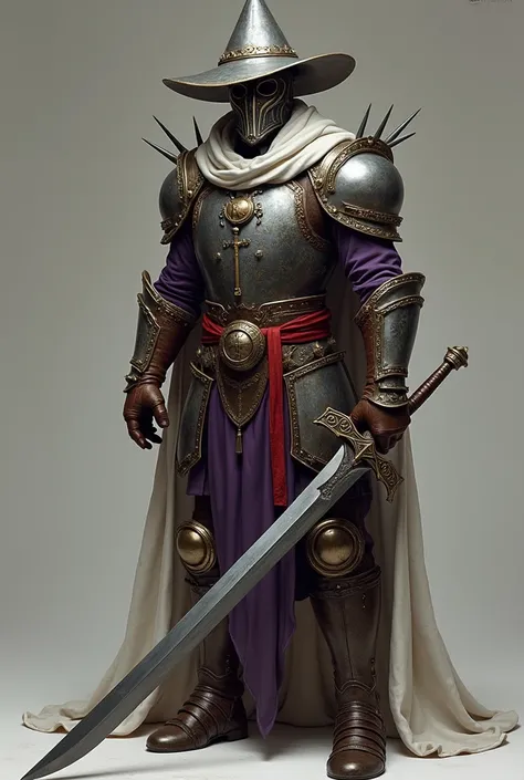 Warrior with metal mask /  In the mask a metal face /  with a large pointed hat with spikes around the top  /  metal armor on the chest with a white cloak covering the armor /  round metal shoulder pads on the left side  /  purple costume underneath the ar...