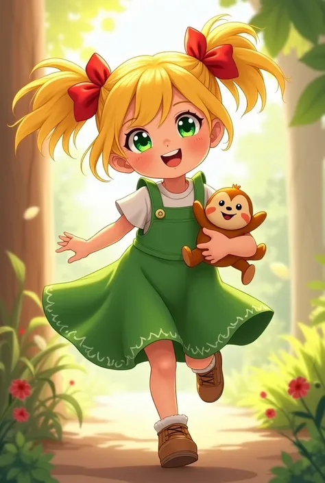  Charas hair is blonde and has two pigtails . Chara has emerald green eyes .  She usually wears a red ribbon in her hair .
 Charas green dress is her distinctive feature ,  along with a pair of comfortable shoes for running and playing.  . She often carrie...