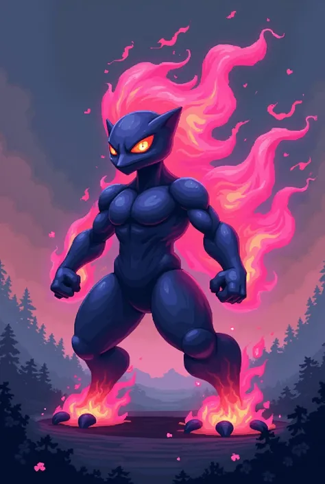 A ghost fire type cute fake Pokémon that looks like it could be a fighting type, fully evolved, and it will be known as the dead fire Pokémon. I would also like it to stand on tow feet. The colors on it should be purple and red and pixelated