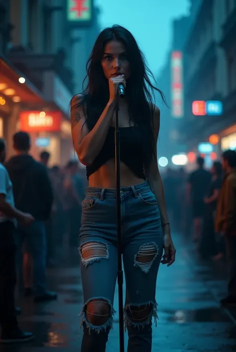 Woman blue eyes ,black hair  , dressed in ripped jeans,on a dark street,  behind the back and there are other people  ,IN FRONT OF HER MICROPHONE , and audience (make a format for YouTube 16:9 )