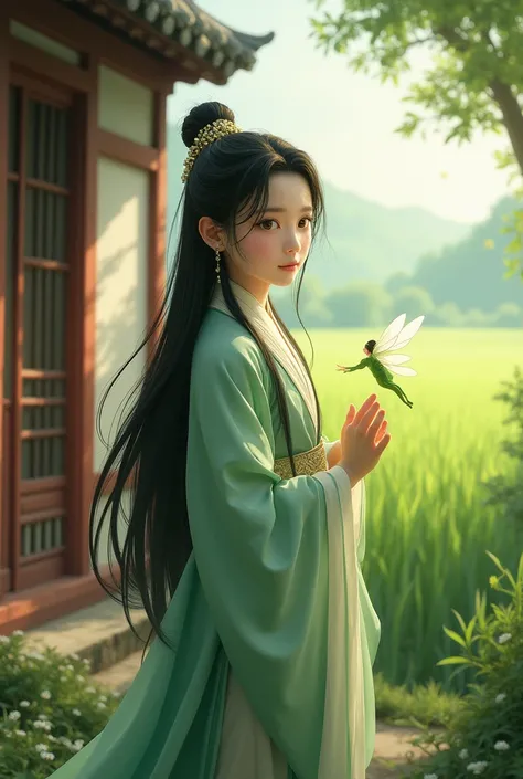 Handsome boy with black long hair, white hanfu clothes,   a little green fairy fly around he and look at viewer with gentle look, The surrounding area is like a small house from the ancient Chinese dynasty at the back and there are rice fields on the edge.