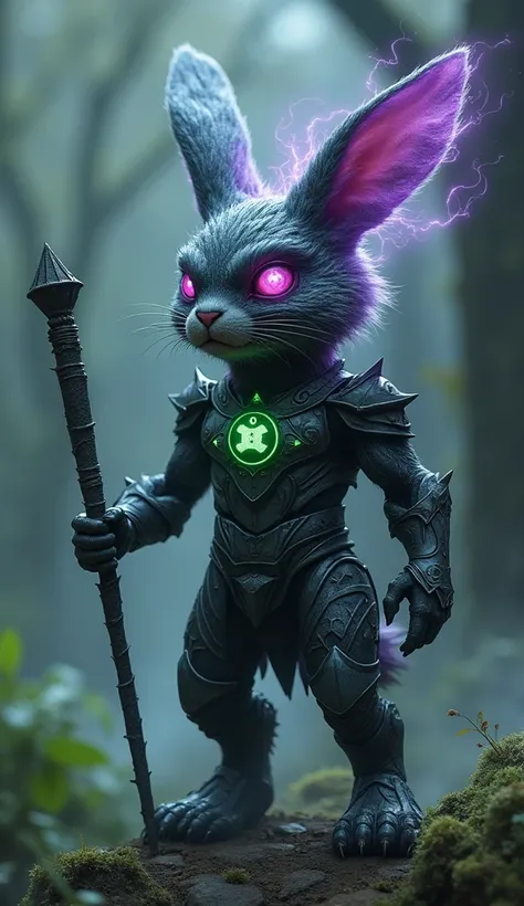 Create 32k ultra-realistic masterpiece image of a terrifying, mutated hybrid creature with Rabbit & Green Lantern as costume, The Wand of Voldemort as armor, and Phantoms as final form. This small yet formidable hybrid creature blends the speed and agility...