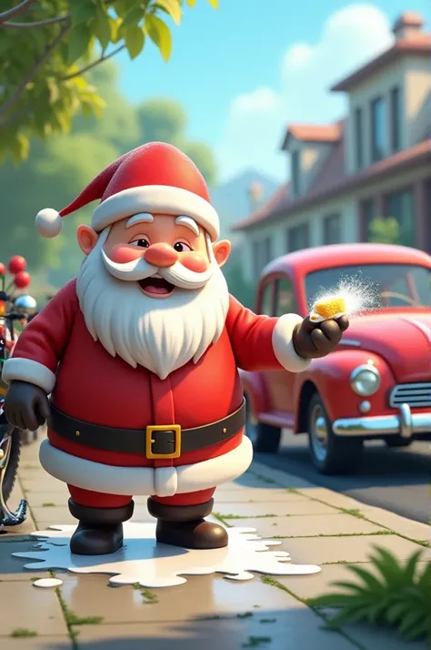 Cartoon washing car and motorcycle dressed as Santa Claus