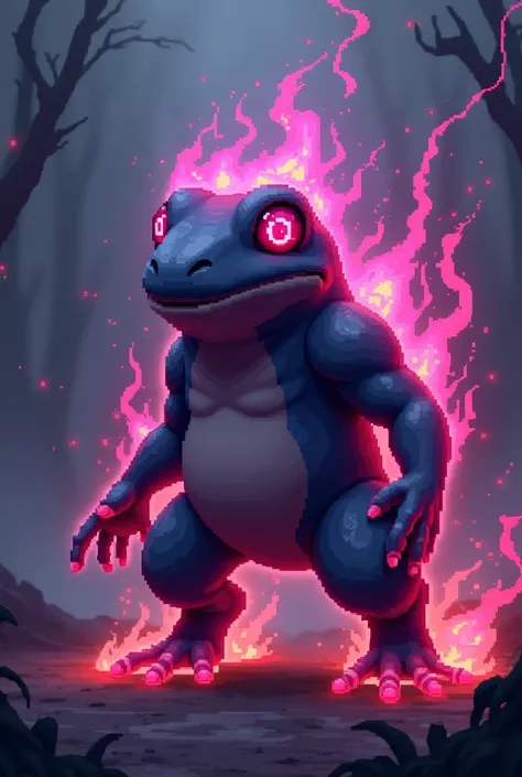 A ghost fire type cute fake Pokémon that looks like it could be a fighting type, fully evolved, and it will be known as the dead fire Pokémon. I would also like it to stand on 4 feet. The colors on it should be purple and red and pixelated frog 