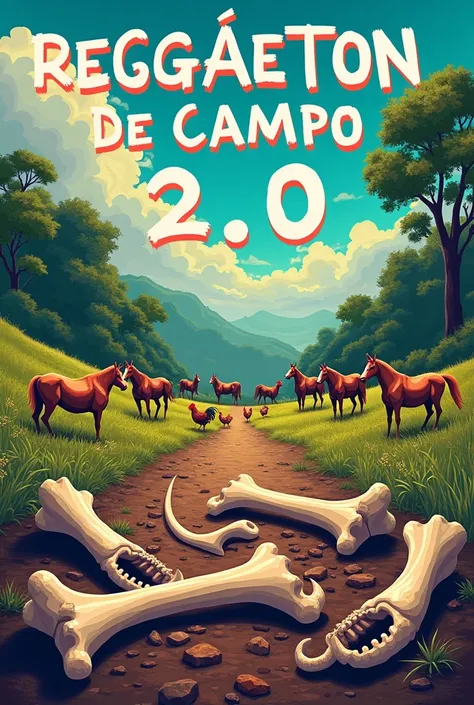 I want an image that has some bones and horses and chickens in the background and that says in letters
Reggaeton de Campo 2.0