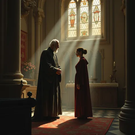 Priest in an old church talking to a woman