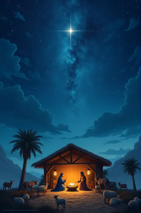  Create a picture of a starry sky .  At the bottom of the painting, a shepherds stable from ancient times, and in it Baby Jesus , Mary and Joseph and a multitude of animals .  Plenty of space for text .