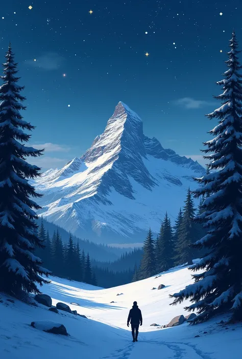 a Christmas landscape at night with stars, a snowy mountain in the center and a shadow walking towards it, with trees on the sides and starry blue sky , I need it in size 20 . 5 cm wide by 9 cm high