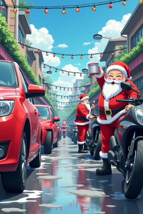 Anime washing cars and motorcycles dressed as Santa Claus