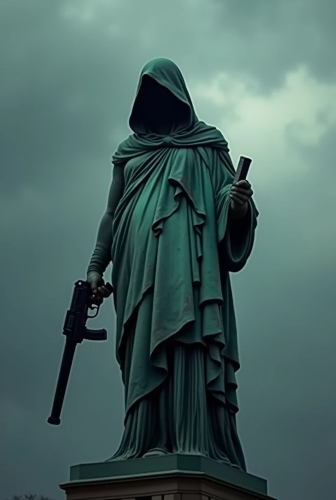 Statue of Liberty with a hood over his head and a gun 