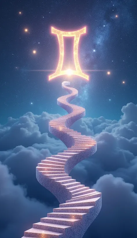 A dreamy celestial sky where two shimmering, identical staircases spiral upwards into the cosmos, converging at the Gemini symbol glowing in midair. The stars and constellations around the symbol sparkle in unison, and the sky is painted in shades of blue,...