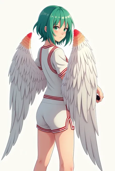 Anime girl with shoulder length greenish blue hair, green eyes. White feathered bird wing with red tips. My Hero Academia style.  wearing the U.A. High school gym uniform 
