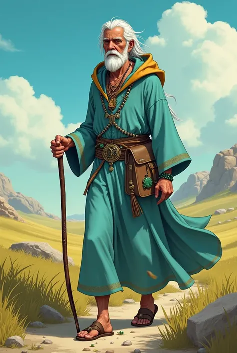 
 Design an older man with a slim build .  You see his whole body in profile and back . The powerful mystic  "agora ".  Long silver hair with a look of peace .  clothing is a light blue turquoise linen tunic with a hood , leather belt,  an old mans cane wi...