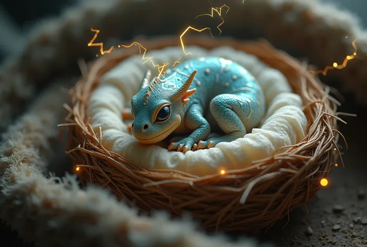  Make a creature like an electric dragon . Que sea very, very, very pequeño. Do it curled up in its newly hatched nest. 