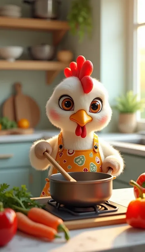  An ultra realistic and super cute chicken ,  with soft and shiny feathers ,  cooking in a modern kitchen .  Shes wearing a colorful apron with fun designs of eggs and kitchen utensils.  The chicken has an adorable and expressive look ,  with big, bright e...