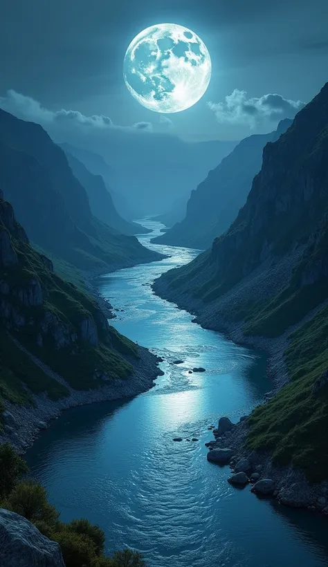 A mystical, moonlit river winding through a serene landscape, where the Gemini symbol appears as a glowing reflection on the water’s surface. On either side of the river, the land changes—one side is lush and thriving with greenery, while the other is rock...