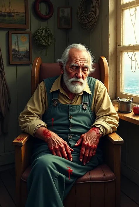 Create an image of an old fisherman sleeping with his hands shattered with blood