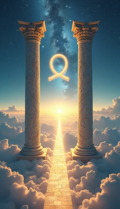 A majestic sky temple floating in the heavens, where the Gemini symbol is engraved into twin pillars standing on either side of a glowing cosmic pathway. The pillars are adorned with intricate carvings of constellations and swirling patterns, representing ...