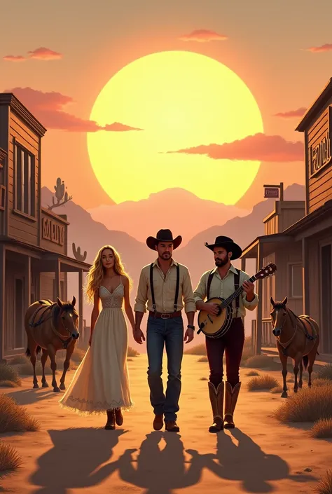 
_Realistic style_, a **nostalgic and tranquil Old West town at sunrise**, illuminated by a large, bright sun casting warm golden, orange, and pastel pink hues over the scene. The town features a **main street** with a saloon, a bank, and a stable, surroun...