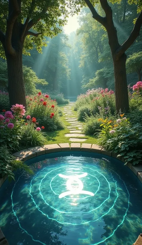 A tranquil, enchanted garden with a reflective pool at its center, where the Gemini symbol glows brightly on the water’s surface. The garden is split into two symmetrical halves—one filled with vibrant flowers and sunlight, and the other shadowed and myste...