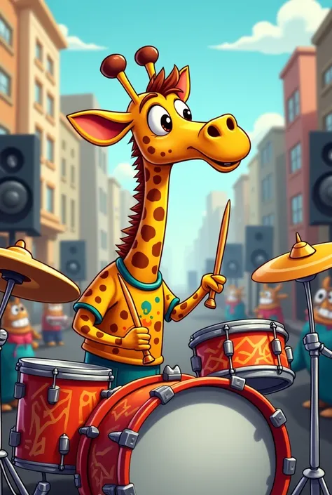 Make a CARTOON of a giraffe playing drums