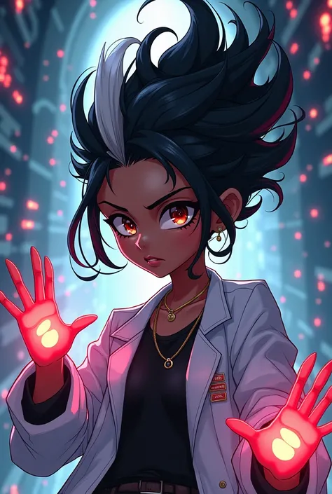 Anime style dark skinned female mad scientist with a white hair streak