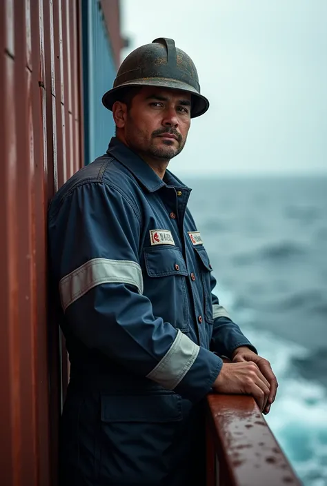 A Philippine merchant marine sailor aboard a container ship wearing a work suit and protective helmet