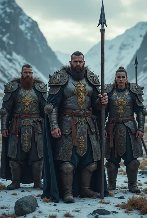 A group of viking warriors, male and female. with glory armors. 