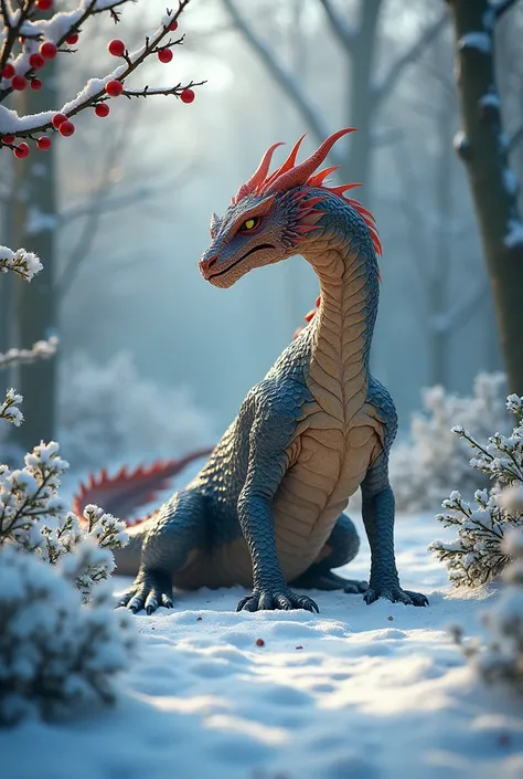 Spawn a dragon on the floor in a snowy forest with some hollies