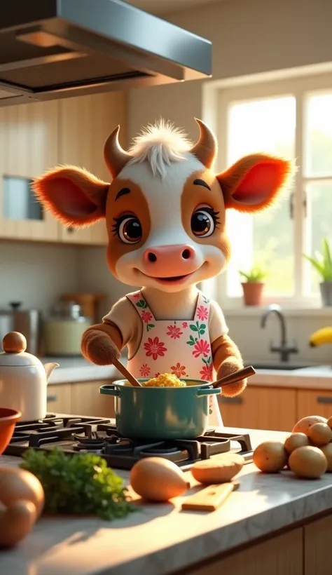  An ultra realistic and super cute cow ,  with a very detailed brown and white coat ,  cooking in a cozy kitchen .  She is wearing a colorful apron ,  with prints of flowers and kitchen utensils ,  window and have an adorable expression as she holds a spat...