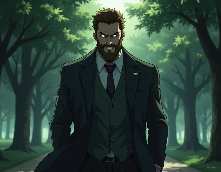 in the style of mature anime  .  make an older man , at 35 years old ,  green eyes ,  brown hair  , barba .  with formal work clothes  , walking through a park .  Give a dark look  ,  as if their eyes were glowing wolf eyes ,  with your expression charged ...