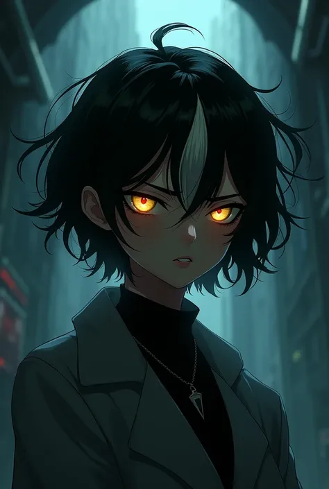 Anime style dark skinned female mad scientist with a white hair streak,golden colored eyes and short messy hair